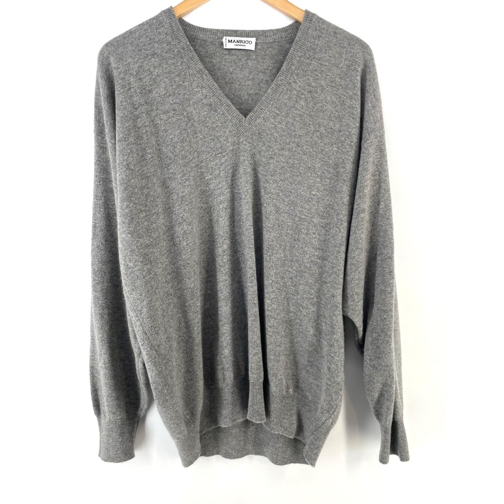 Manrico Cashmere V-Neck Sweater Men 54 XL  Grey Gray Knit Italian Made Classic